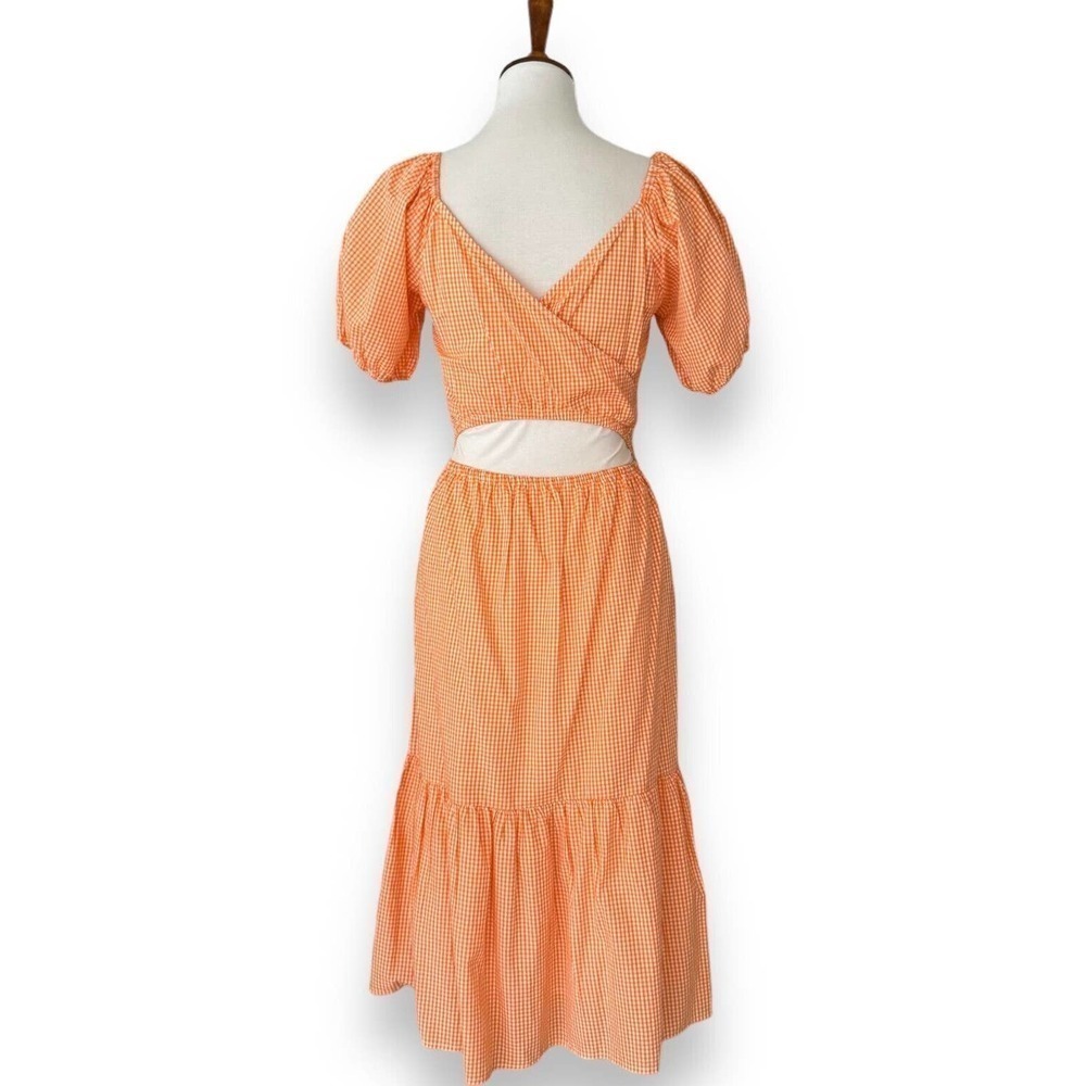 Sim & Sam Orange White Gingham Print Puffed Sleeve Cut Out Midi Dress Size M